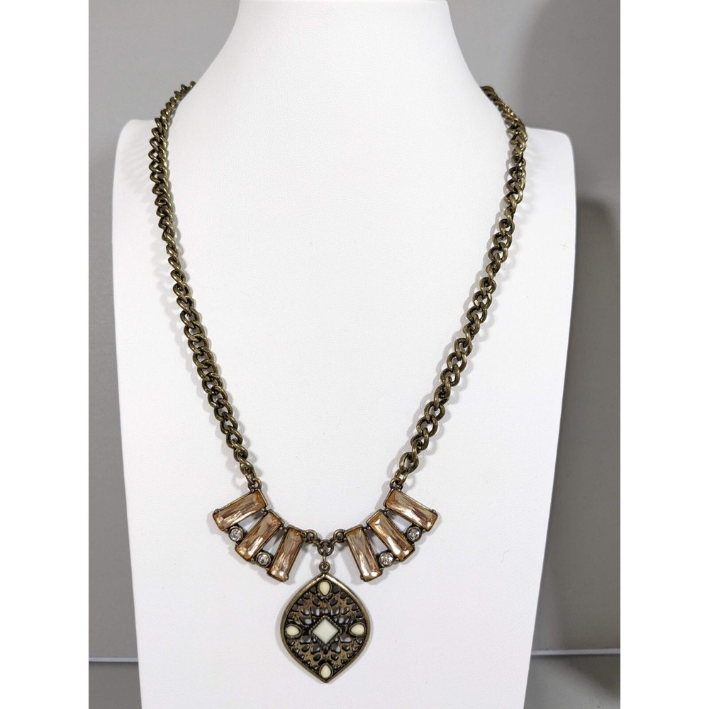 Bronze Tone Beige‎ Baguette Crystal Oval Medallion Pendant Necklace 23 in